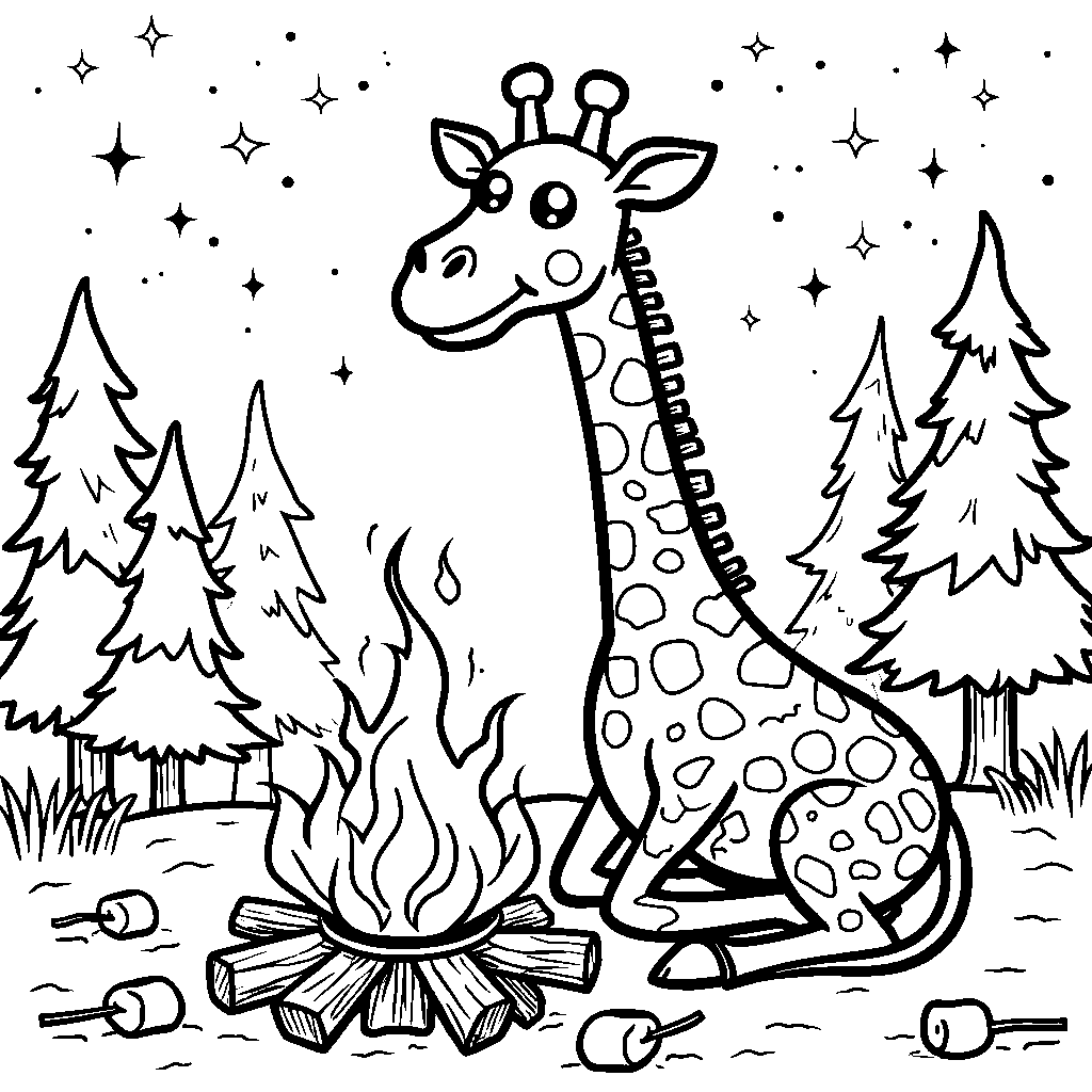 Giraffe going on a camping adventure, roasting marshmallows