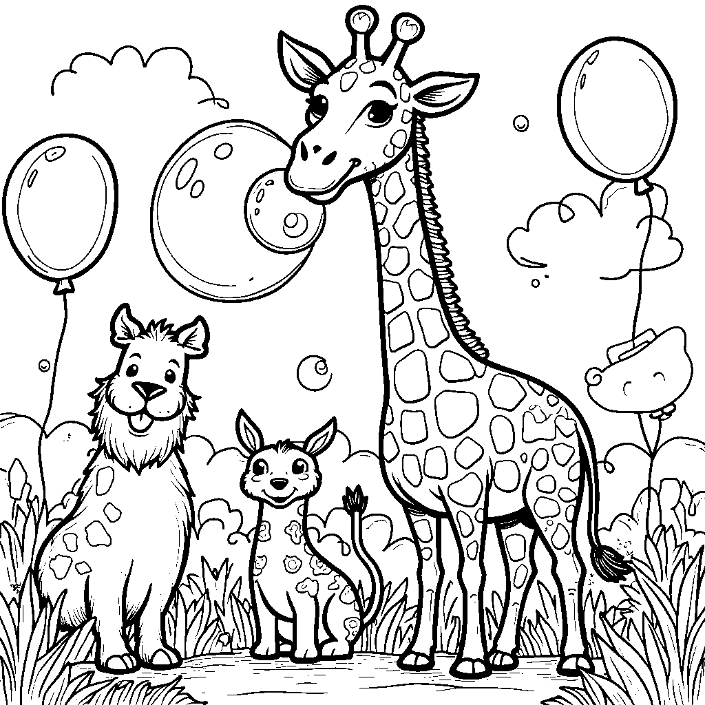 Giraffe having a bubble party, blowing giant bubbles