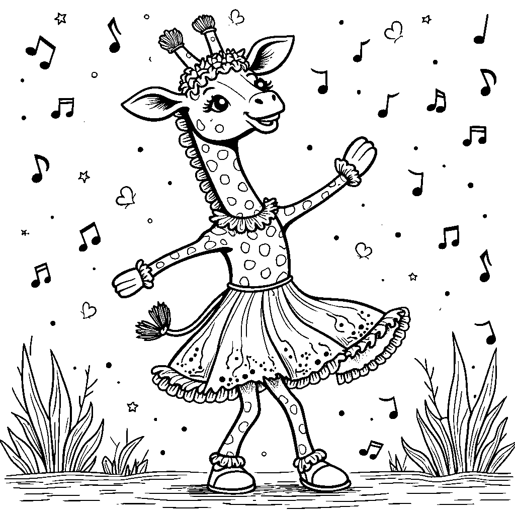 Giraffe having a dance party, spinning and twirling