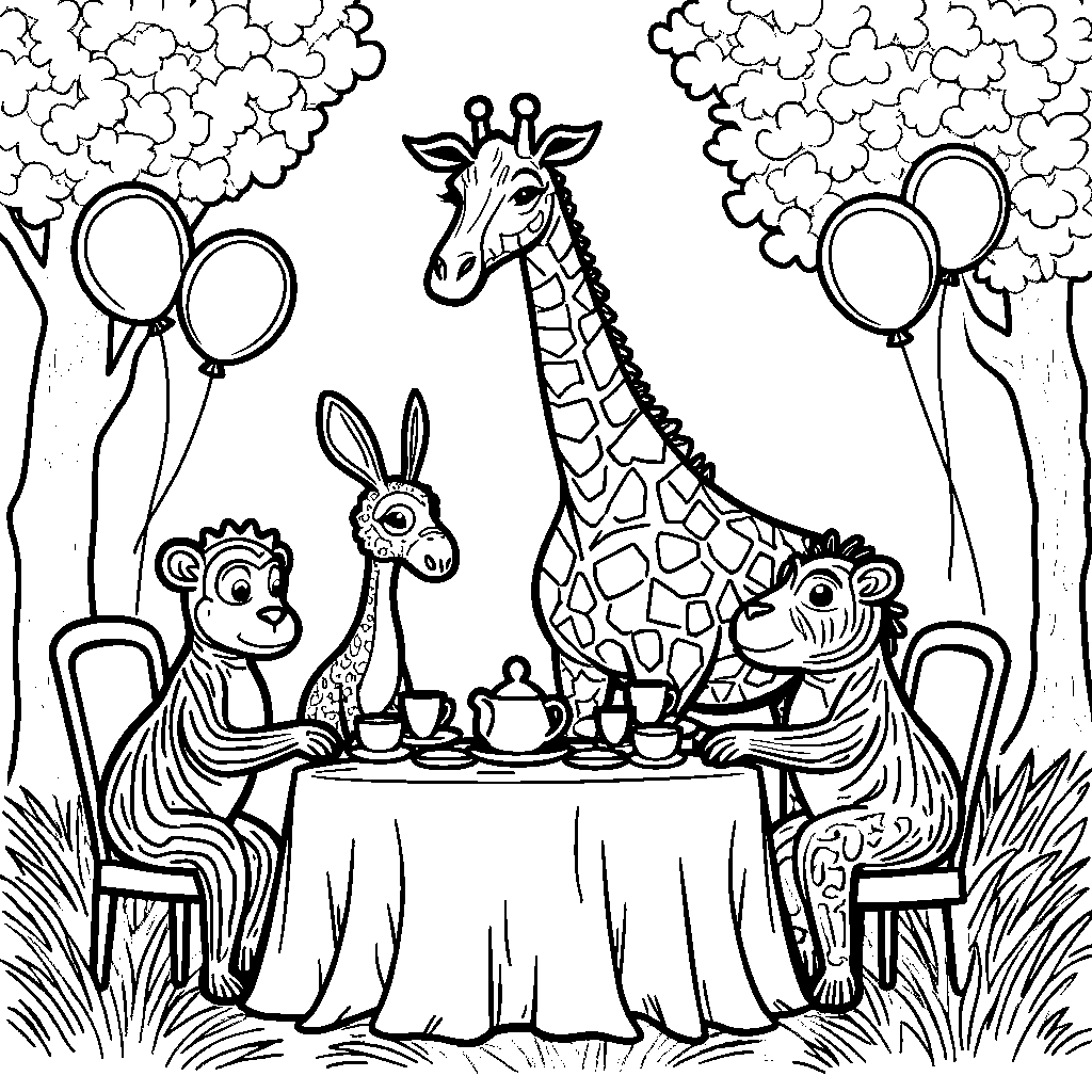 Giraffe having a tea party with animal friends