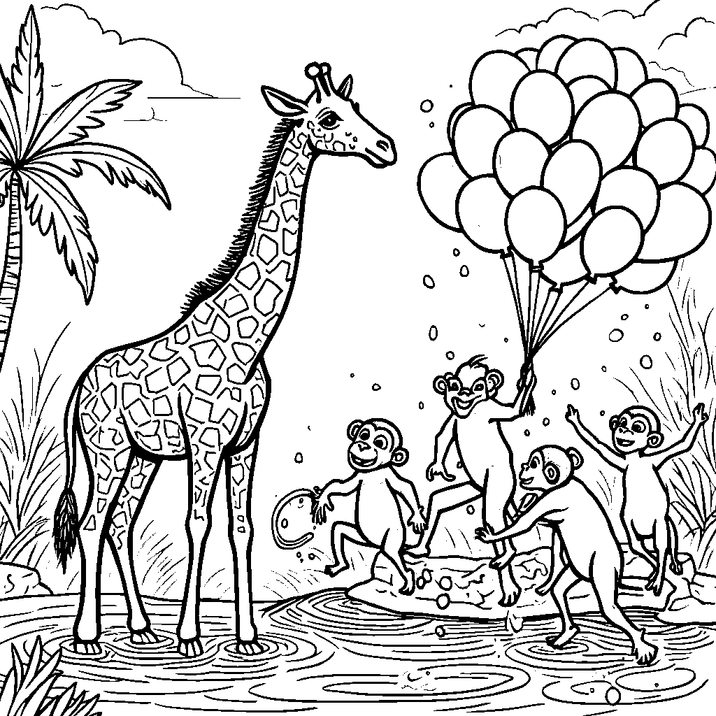 Giraffe having a water balloon fight with monkeys