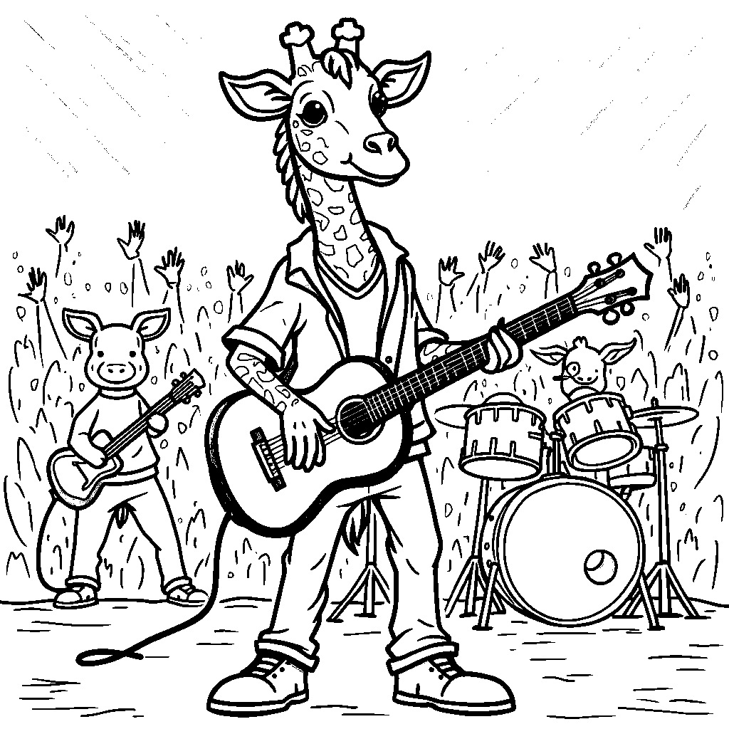 Giraffe playing a guitar in a rock band