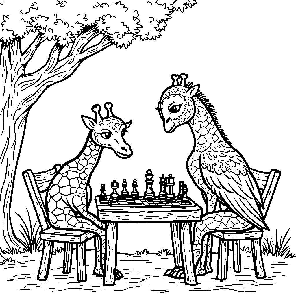 Giraffe playing chess with a wise old owl