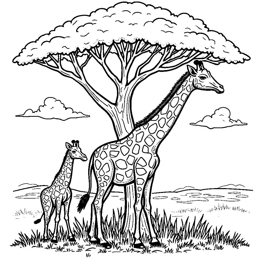 Giraffe playing hide-and-seek behind a giant acacia tree