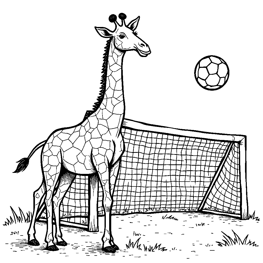 Giraffe playing soccer with its long neck as a goalpost