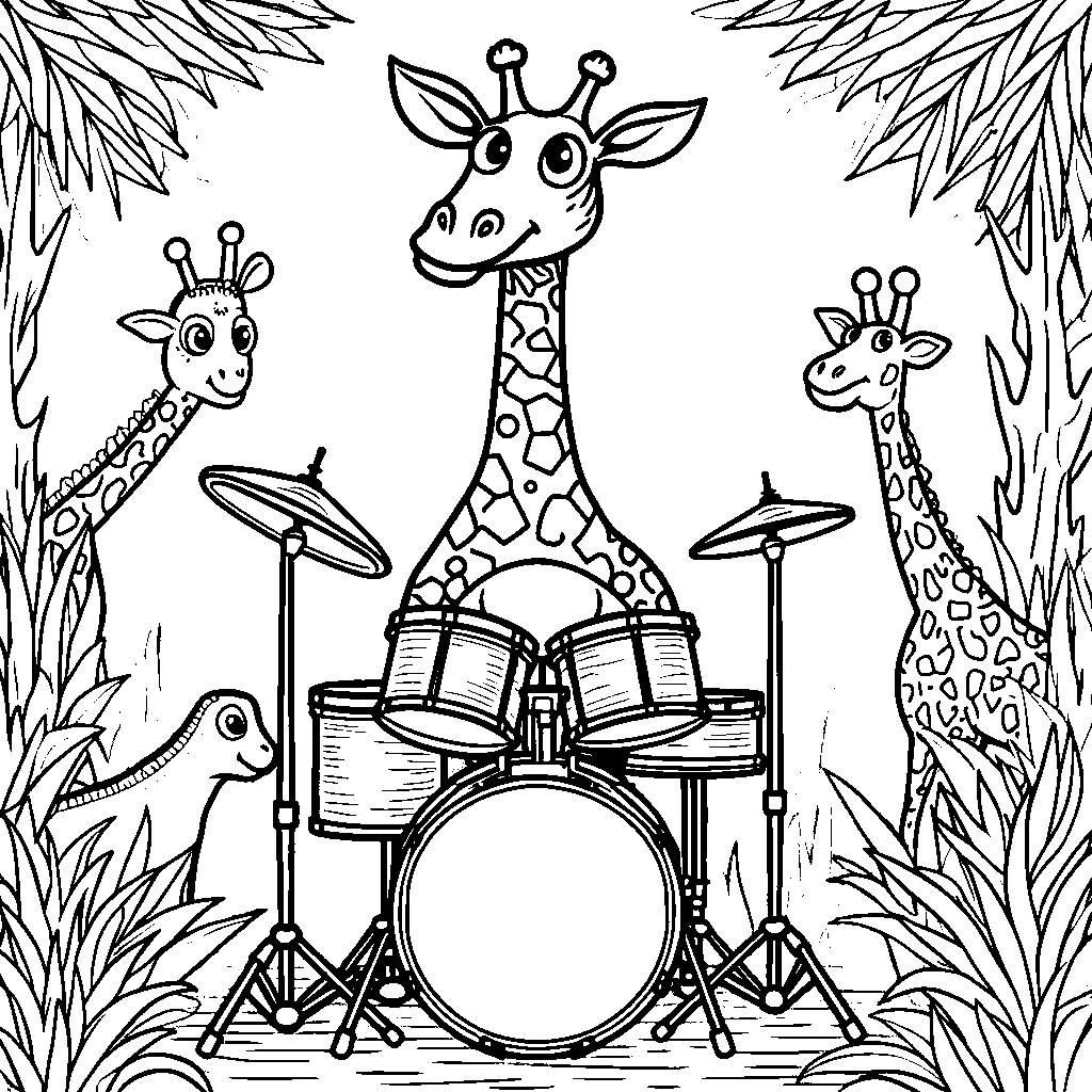 Giraffe playing the drums in a jungle jam session