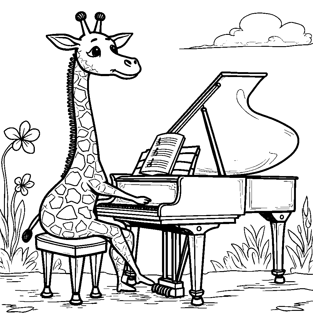 Giraffe playing the piano, composing beautiful music