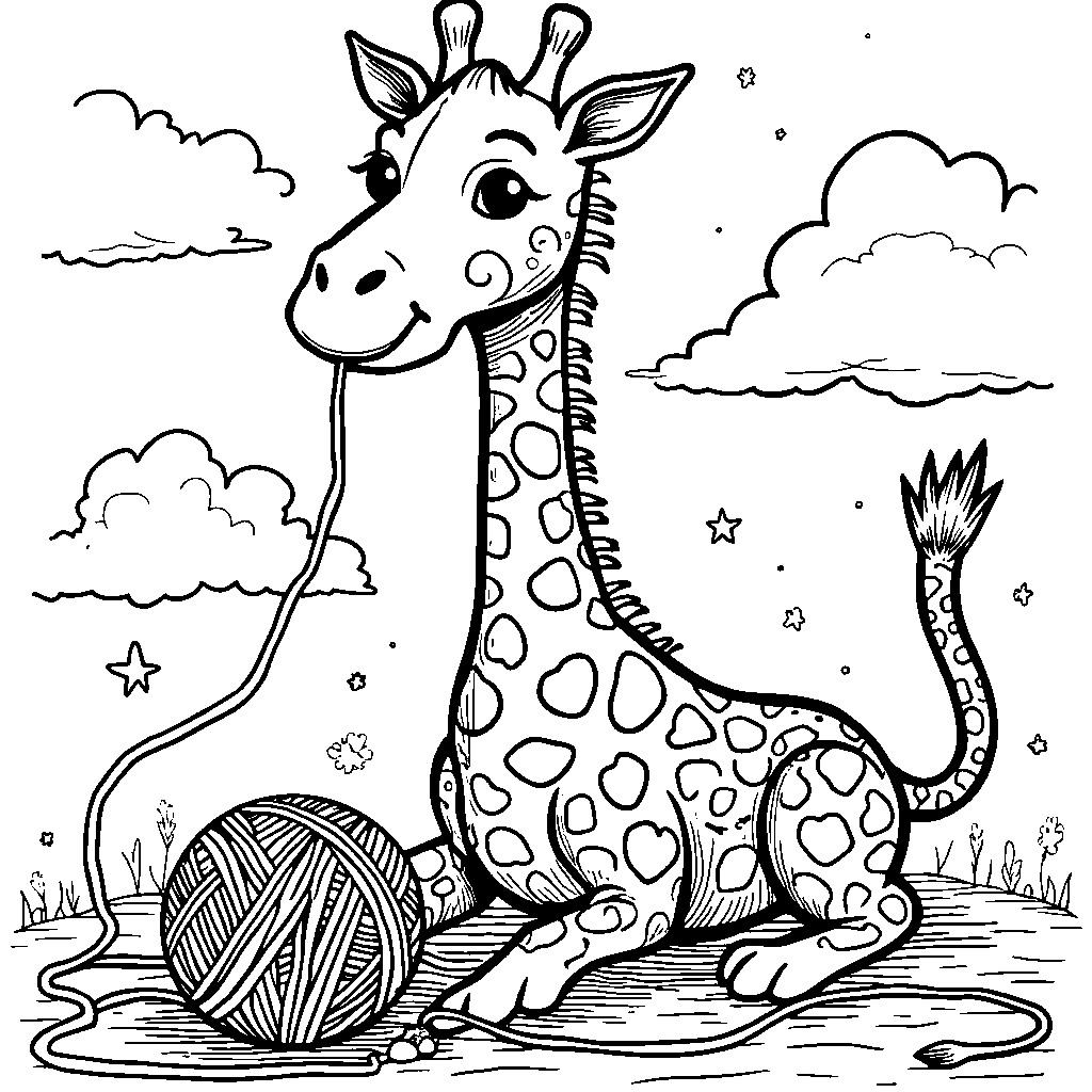 Giraffe playing with a ball of yarn, like a giant cat