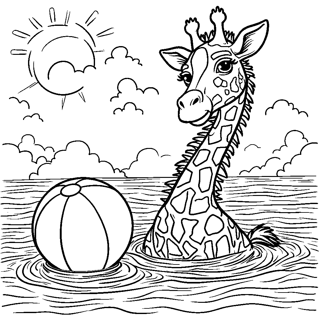 Giraffe playing with a giant beach ball