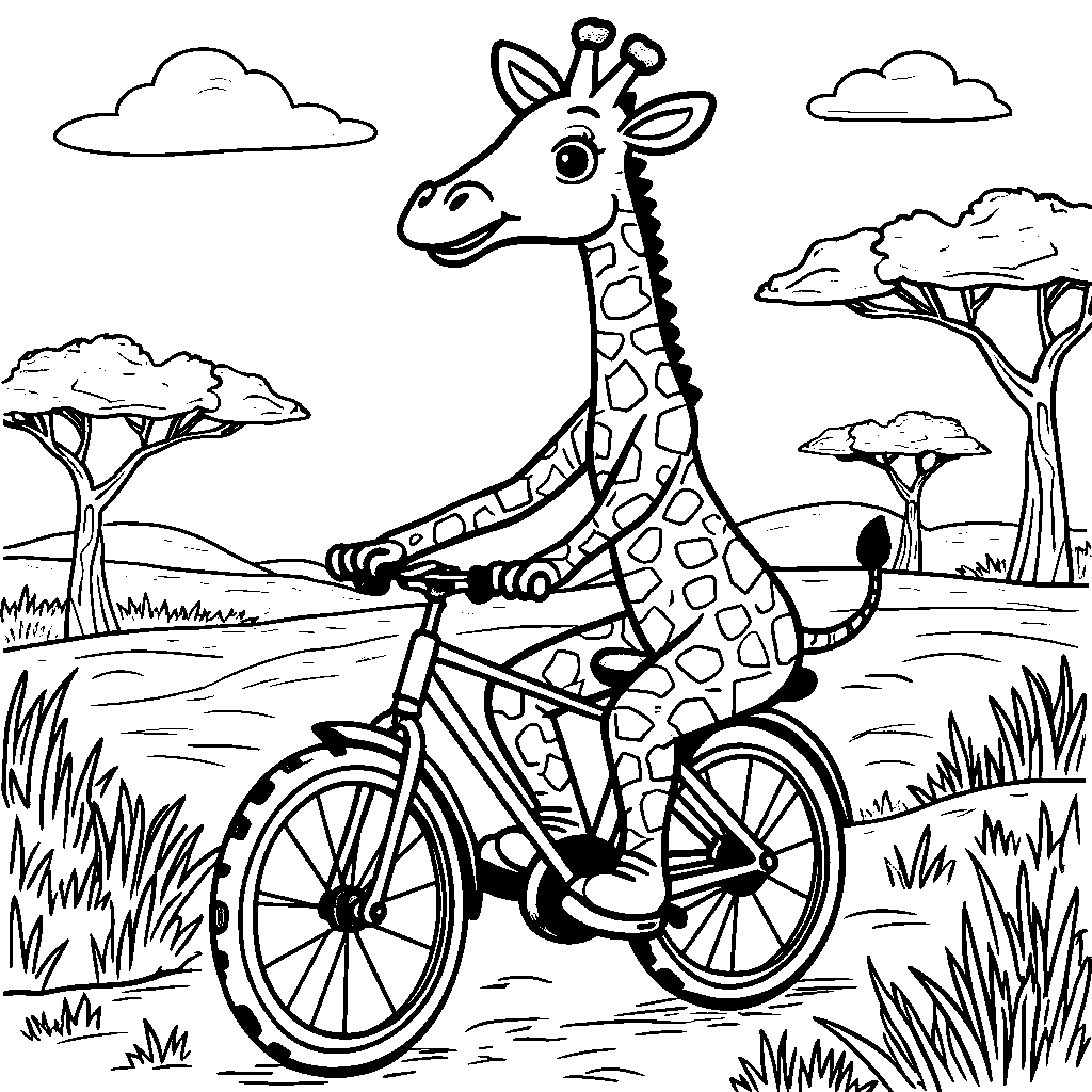 Giraffe riding a bicycle through the African grasslands