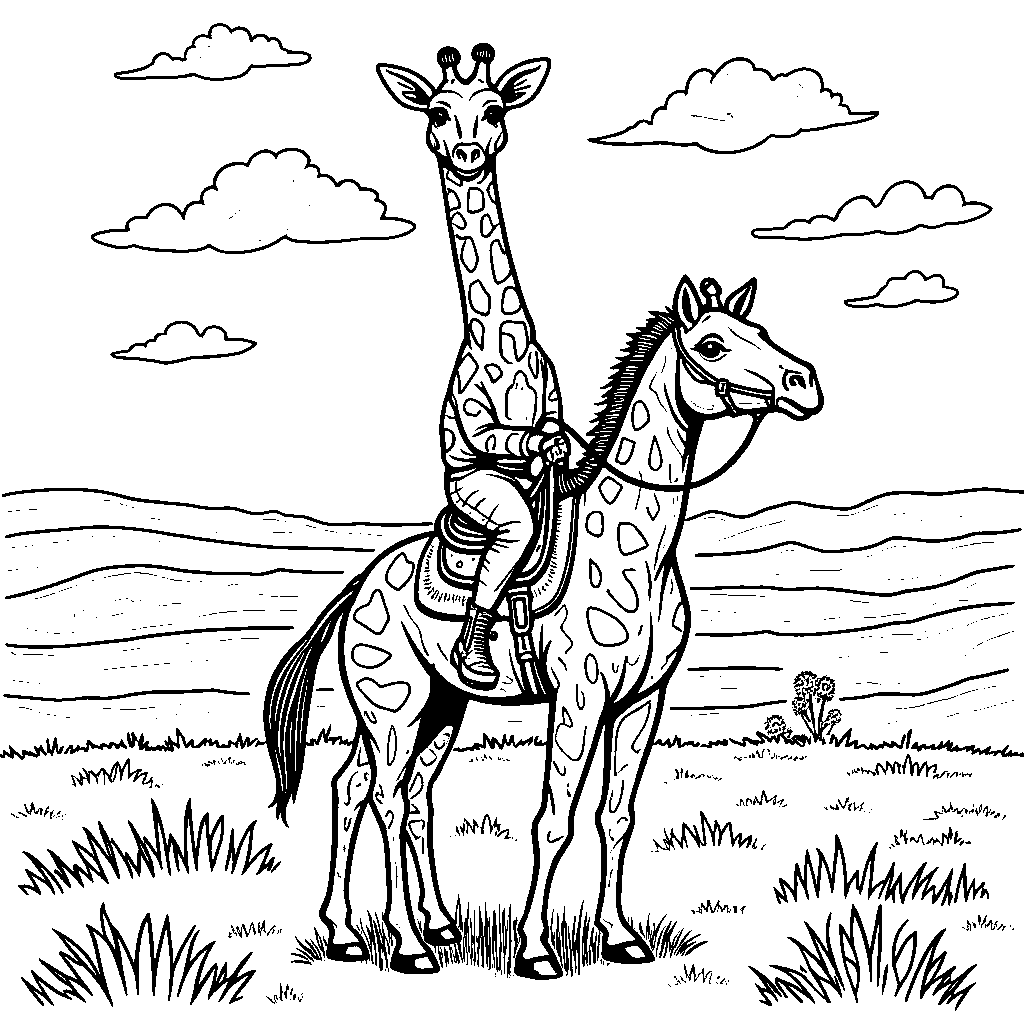 Giraffe riding a horse, exploring the open range