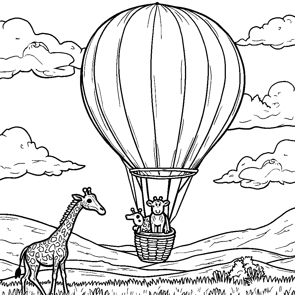 Giraffe riding a hot air balloon over the African plains