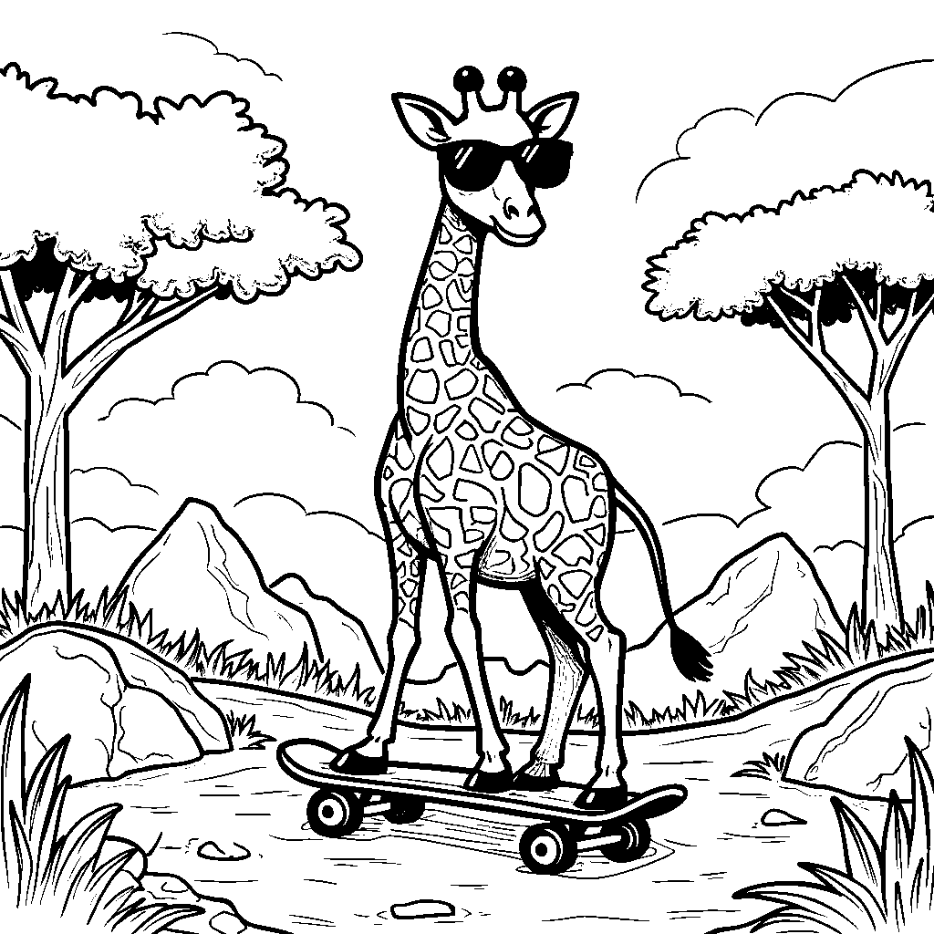 Giraffe riding a skateboard through the savannah