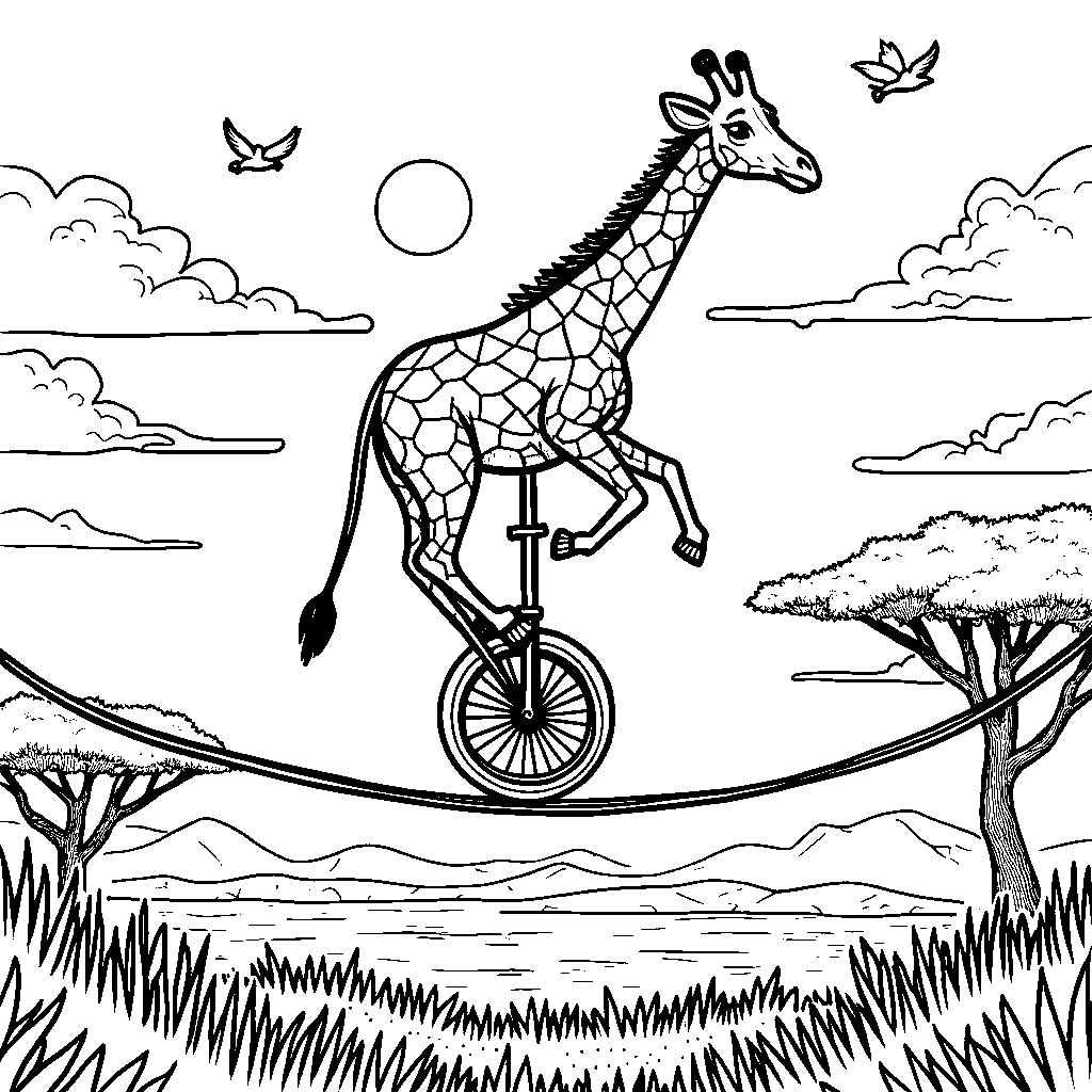 Giraffe riding a unicycle on a tightrope over the Serengeti