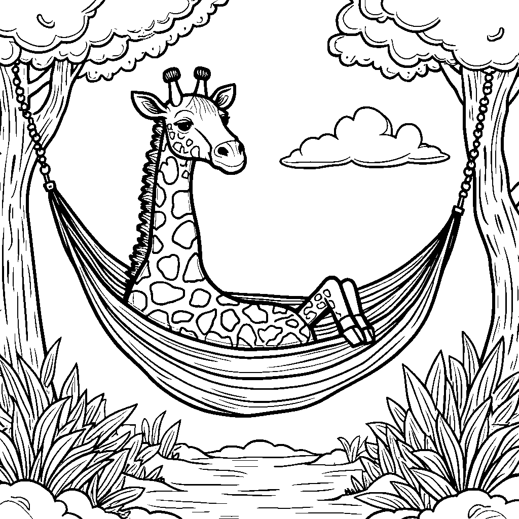 Giraffe taking a nap in a cozy hammock