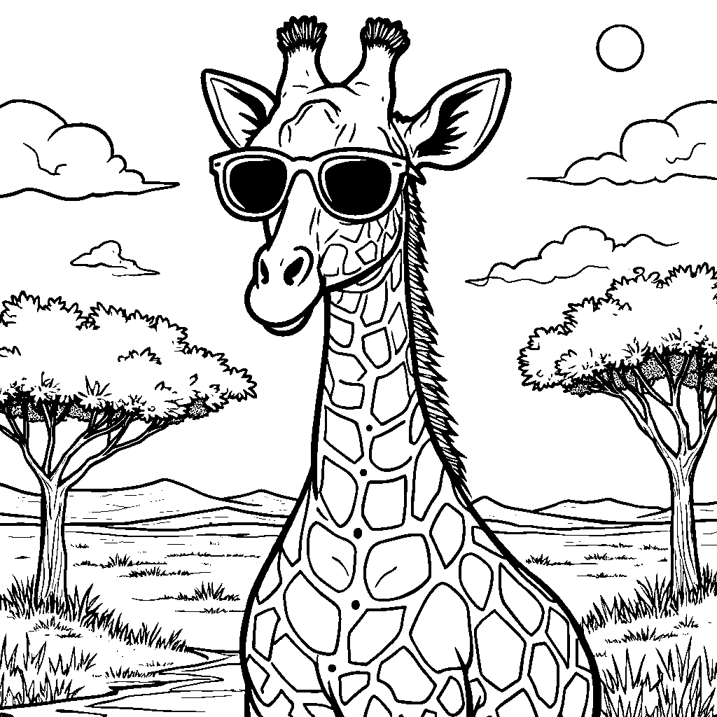 Giraffe wearing sunglasses on a sunny savannah day