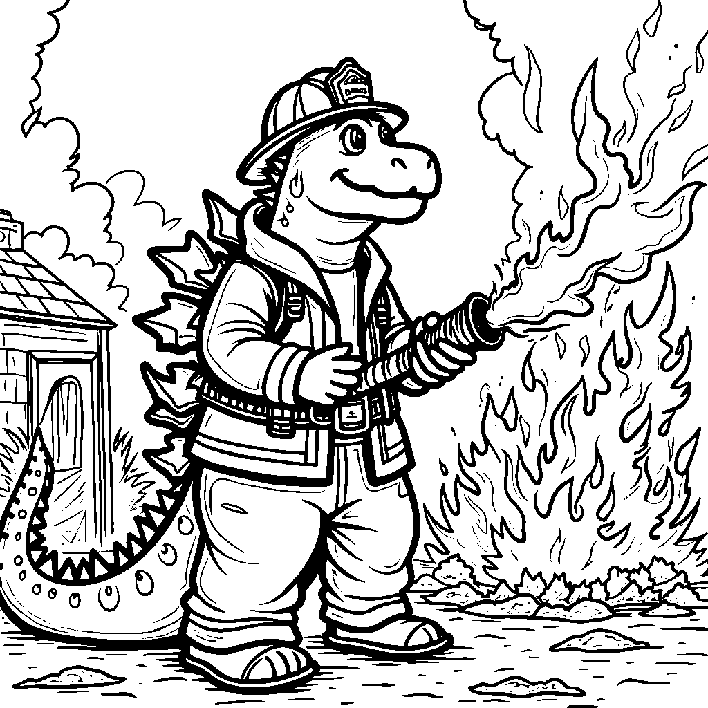 Godzilla as a firefighter, putting out flames in a burning building