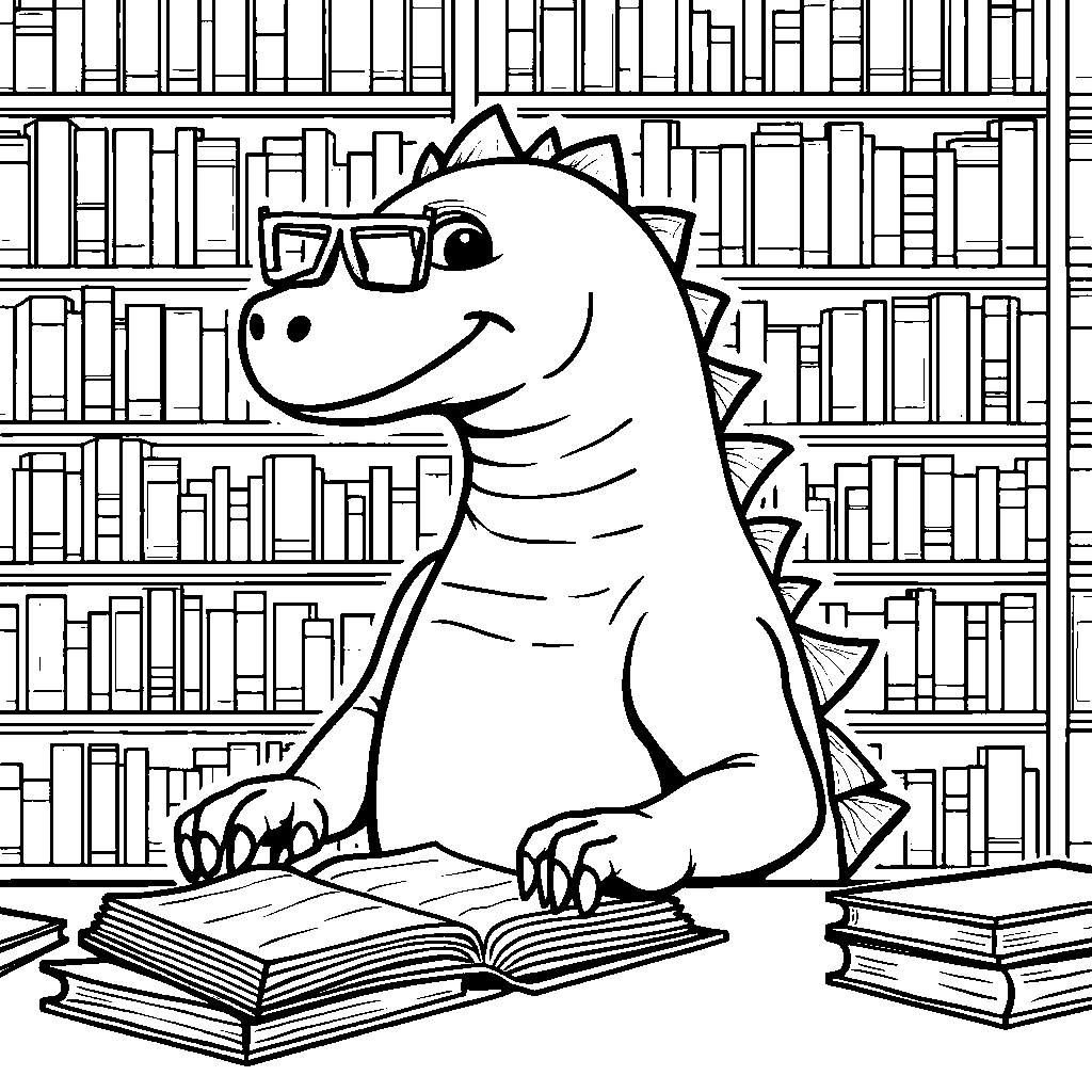 Godzilla as a librarian, surrounded by books and silence