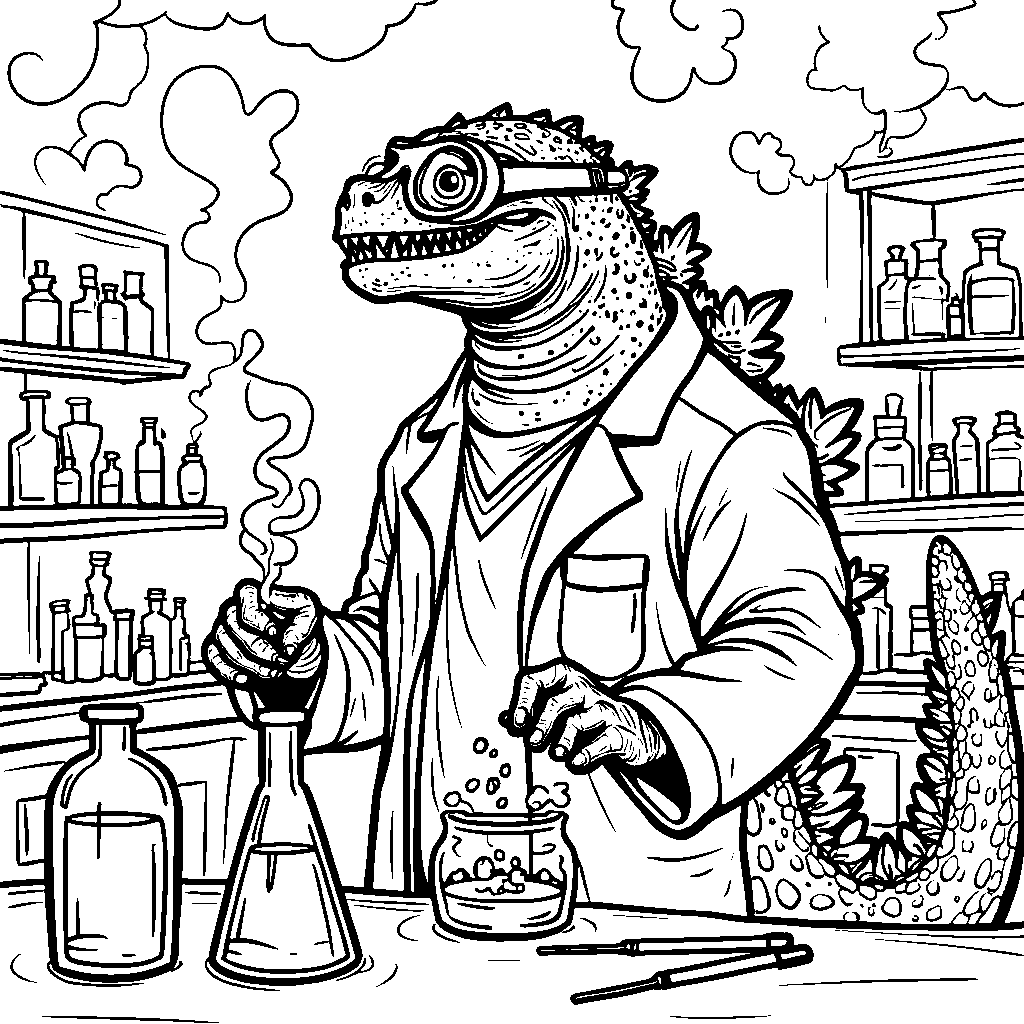 Godzilla as a scientist, mixing chemicals in a lab