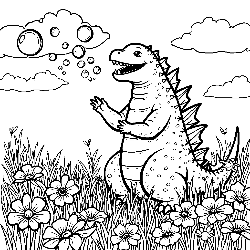 Godzilla blowing bubbles in a field of wildflowers