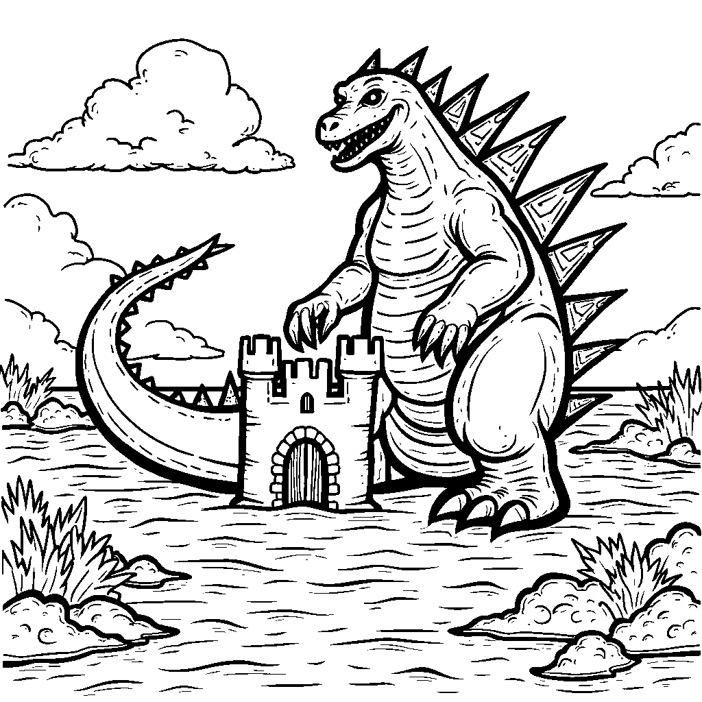 Godzilla building a sandcastle on a beach