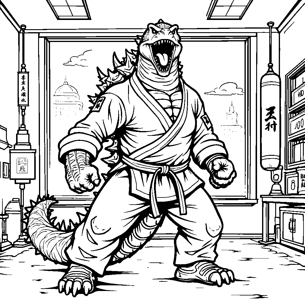 Godzilla doing karate moves in a martial arts studio