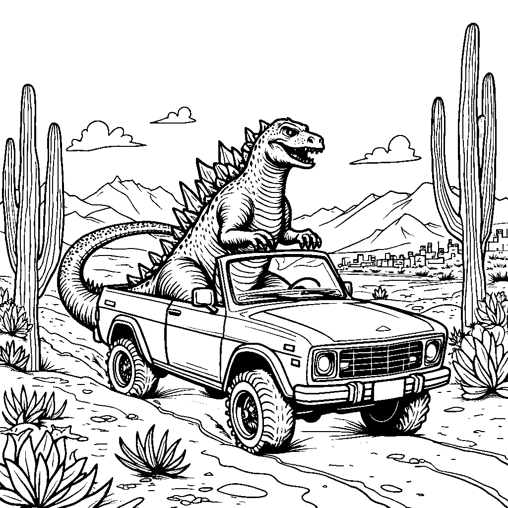 Godzilla driving a car through a desert landscape