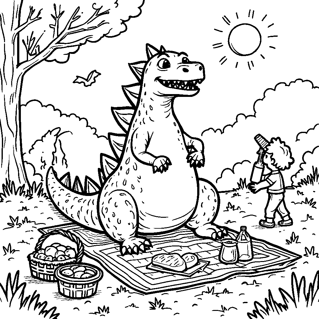 Godzilla enjoying a picnic in a peaceful park