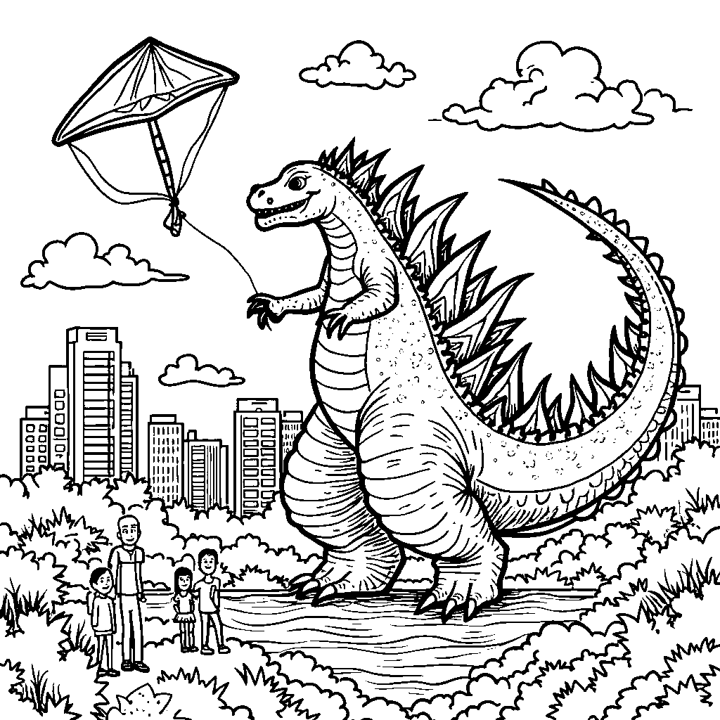 Godzilla flying a kite on a windy day