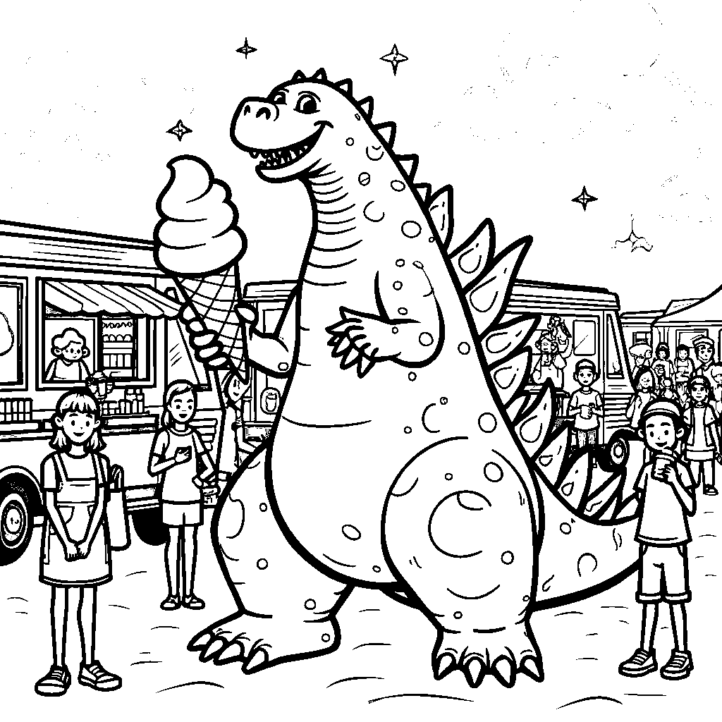 Godzilla having a snack at a food truck festival