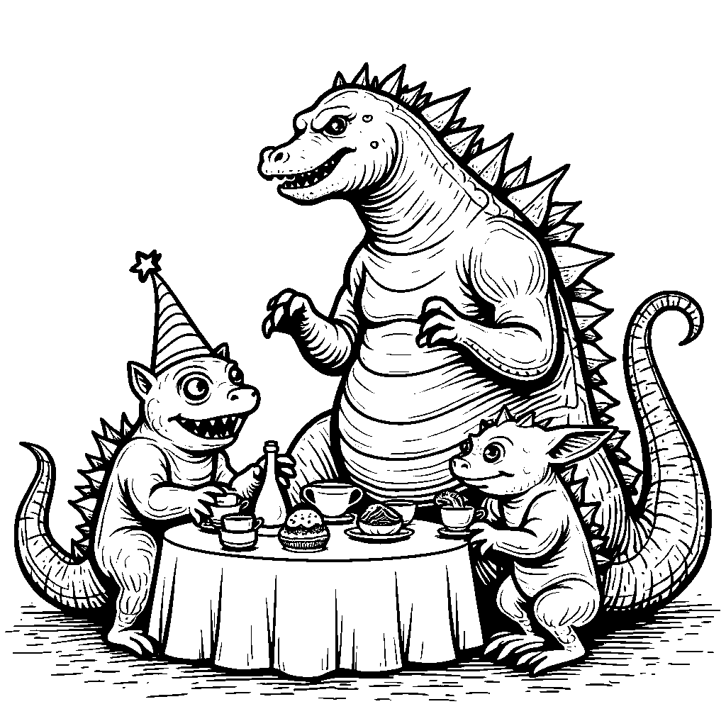 Godzilla having a tea party with tiny monsters