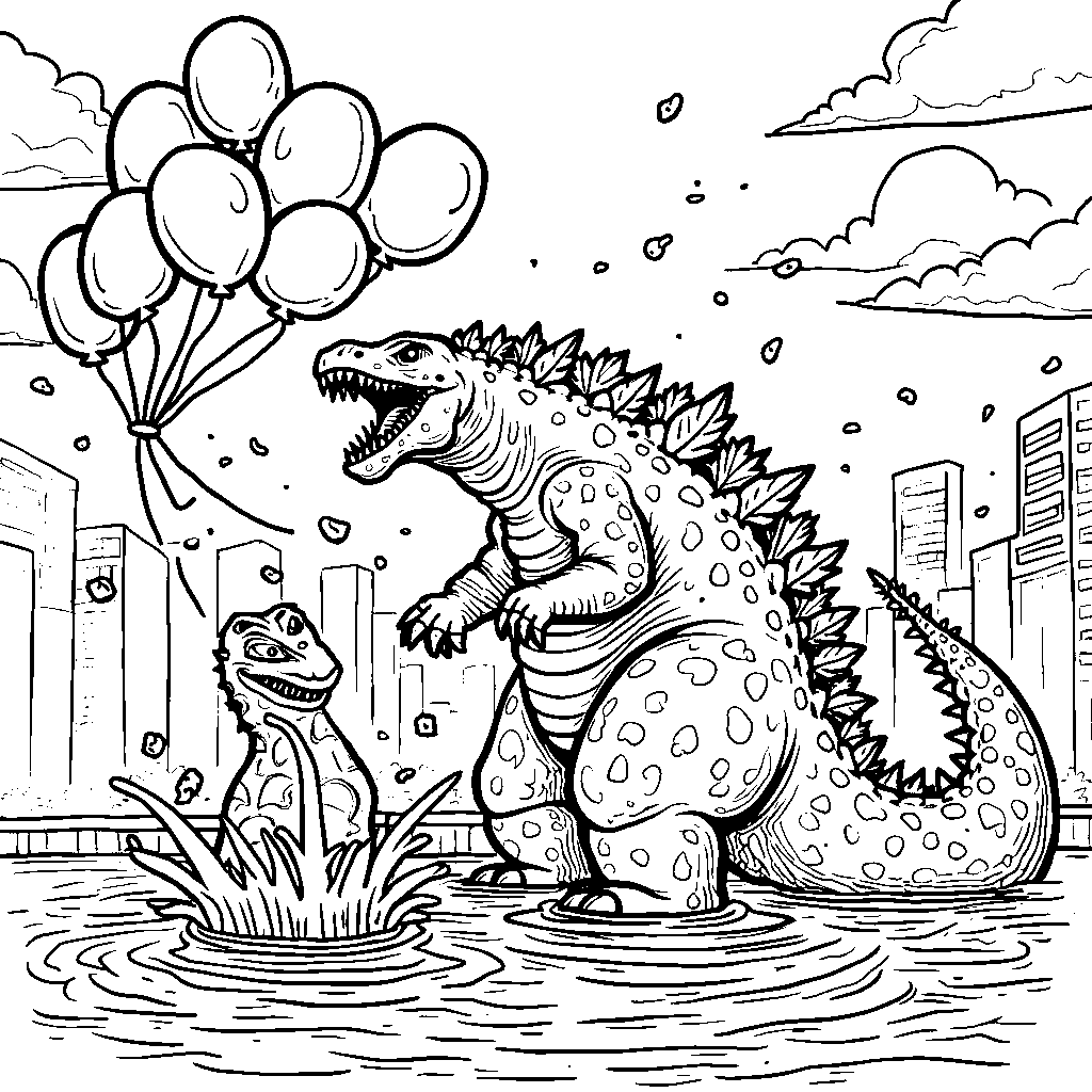 Godzilla having a water balloon fight with friends