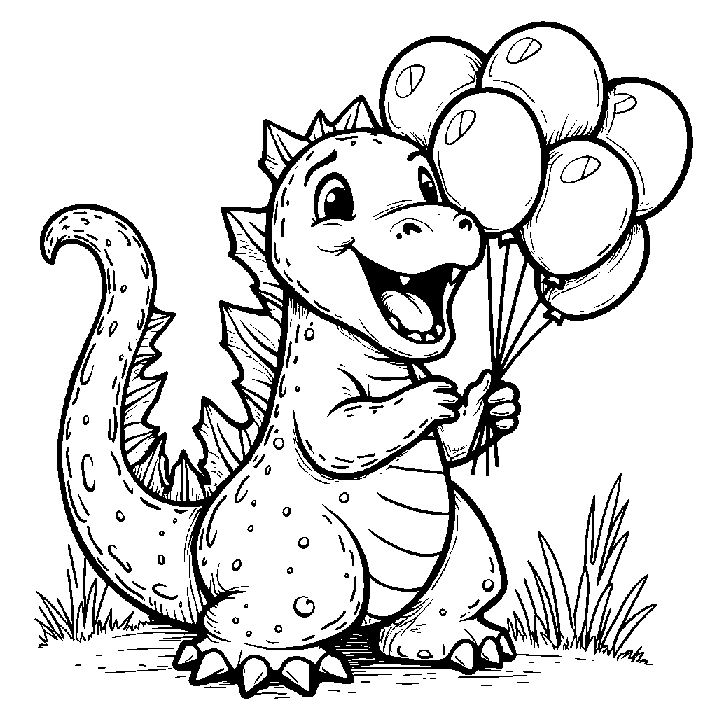 Godzilla holding a bouquet of balloons and smiling