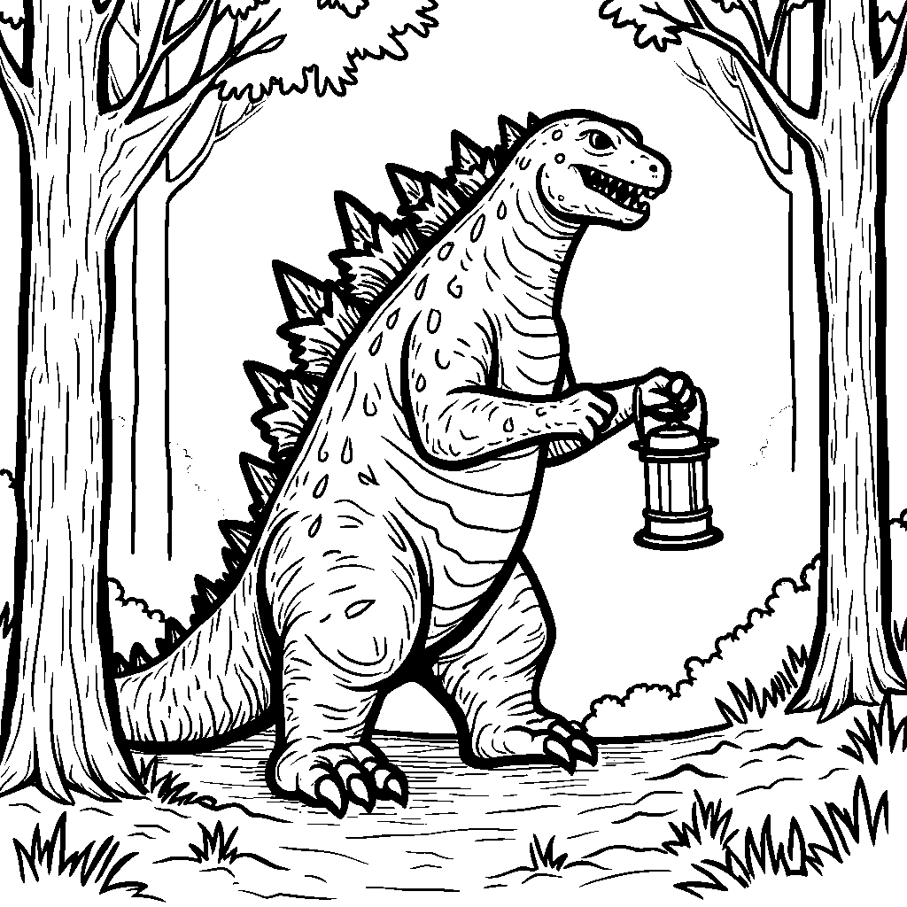 Godzilla holding a lantern, walking through a spooky forest