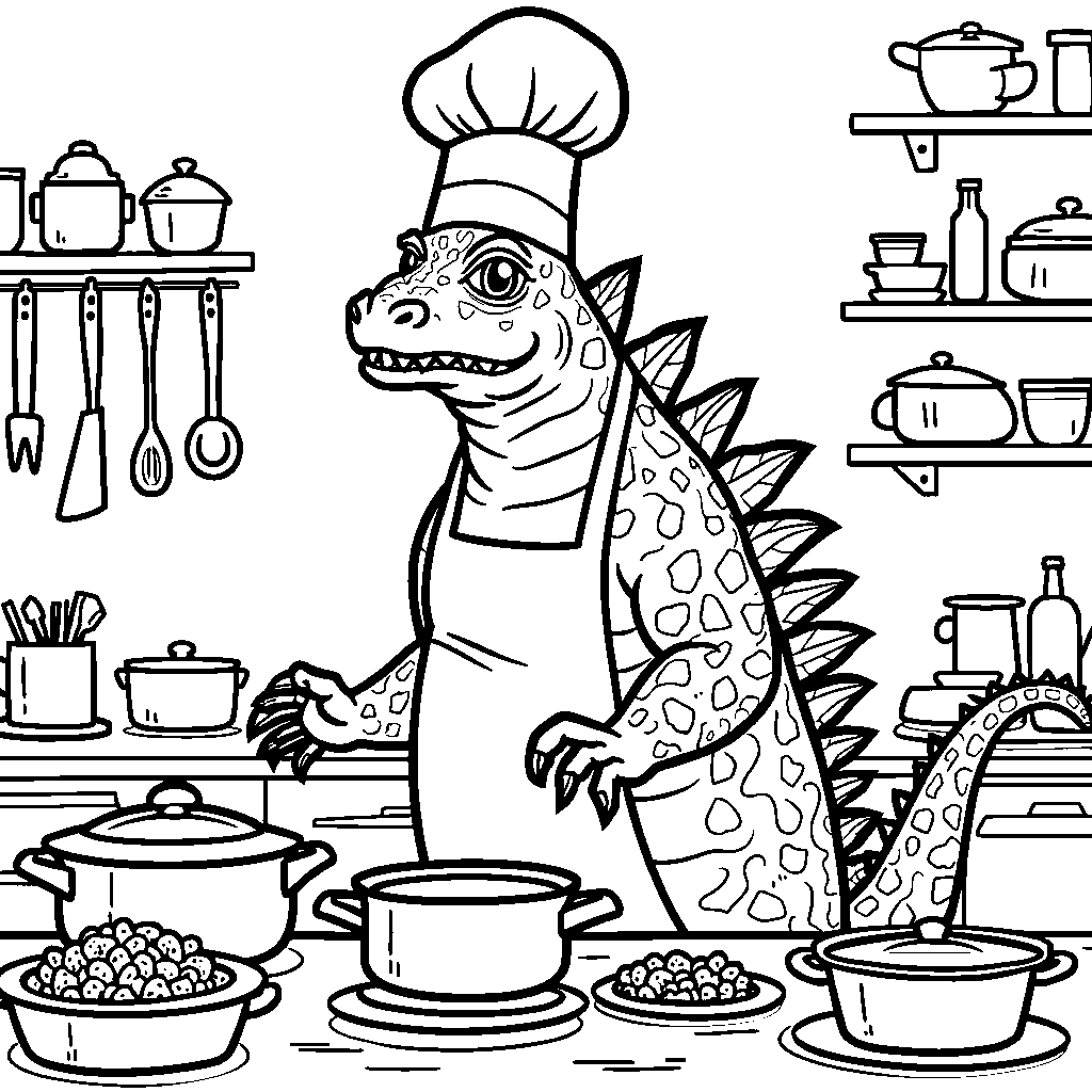 Godzilla in a chef's hat, cooking up a storm in a kitchen