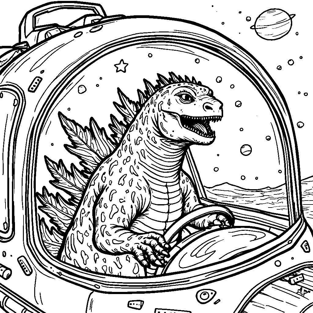 Godzilla in a spaceship, exploring the galaxy