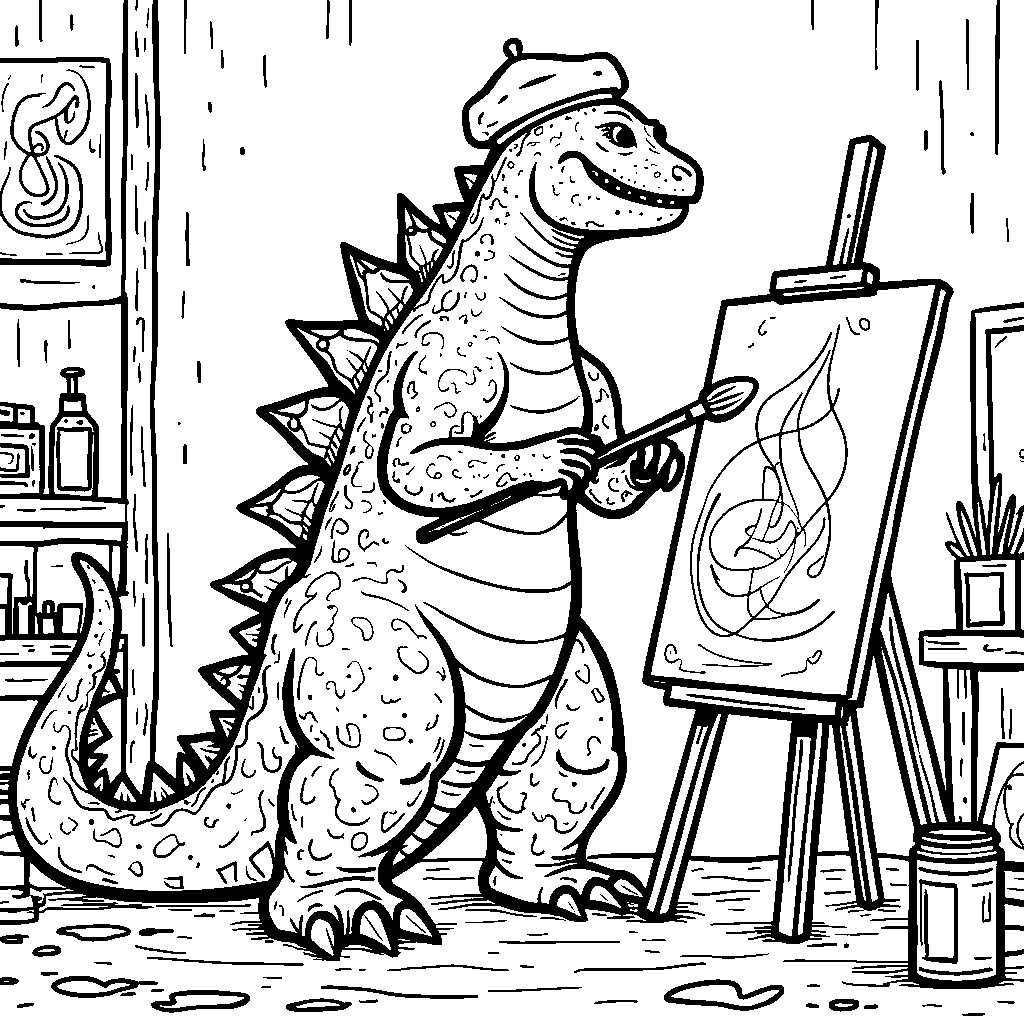 Godzilla painting a masterpiece in an art studio