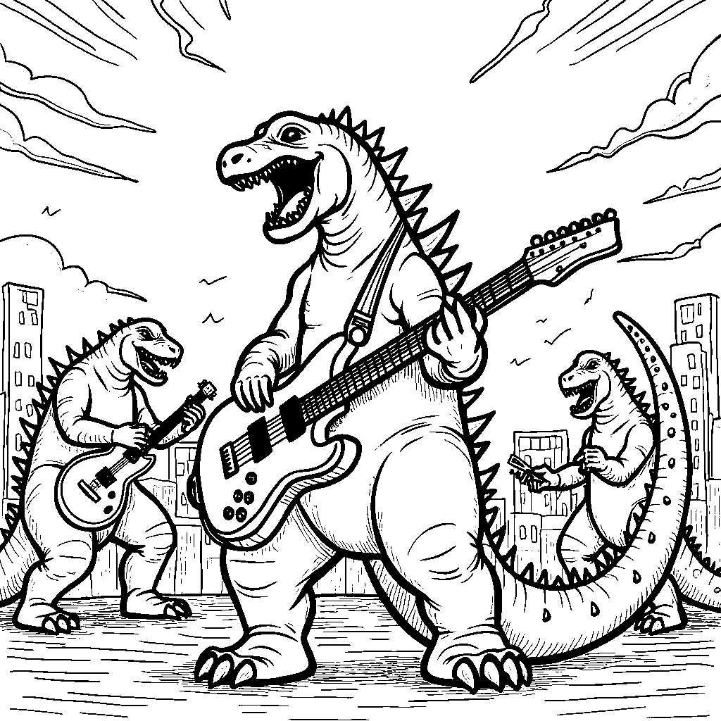 Godzilla playing a guitar in a rock band