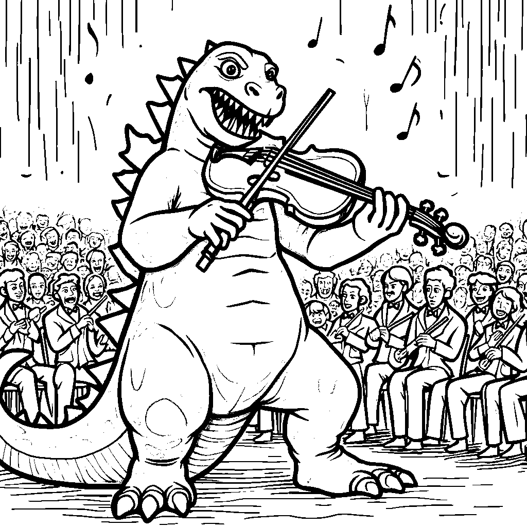 Godzilla playing a violin in a symphony orchestra