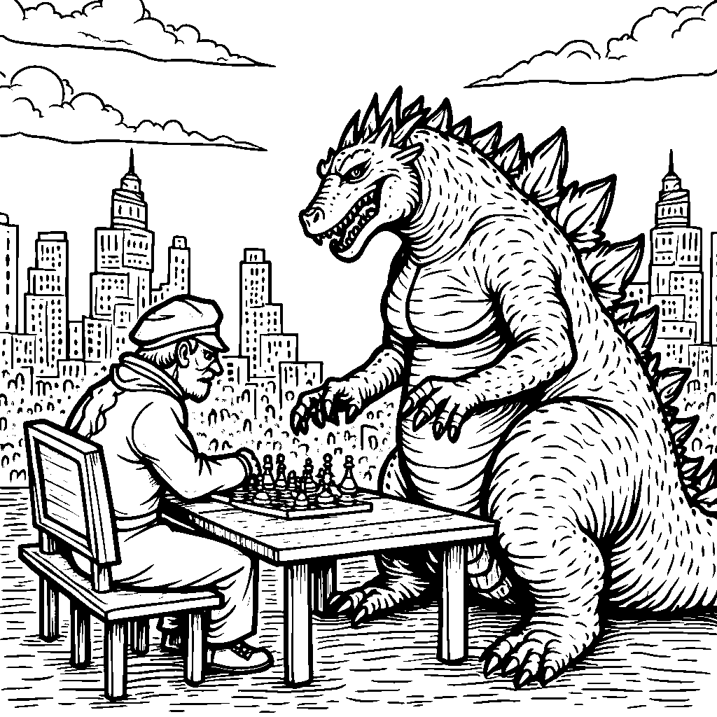 Godzilla playing chess with a wise old dragon