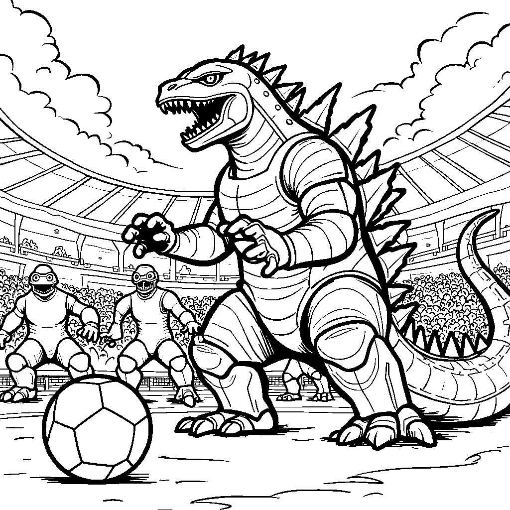 Godzilla playing soccer with a team of robots