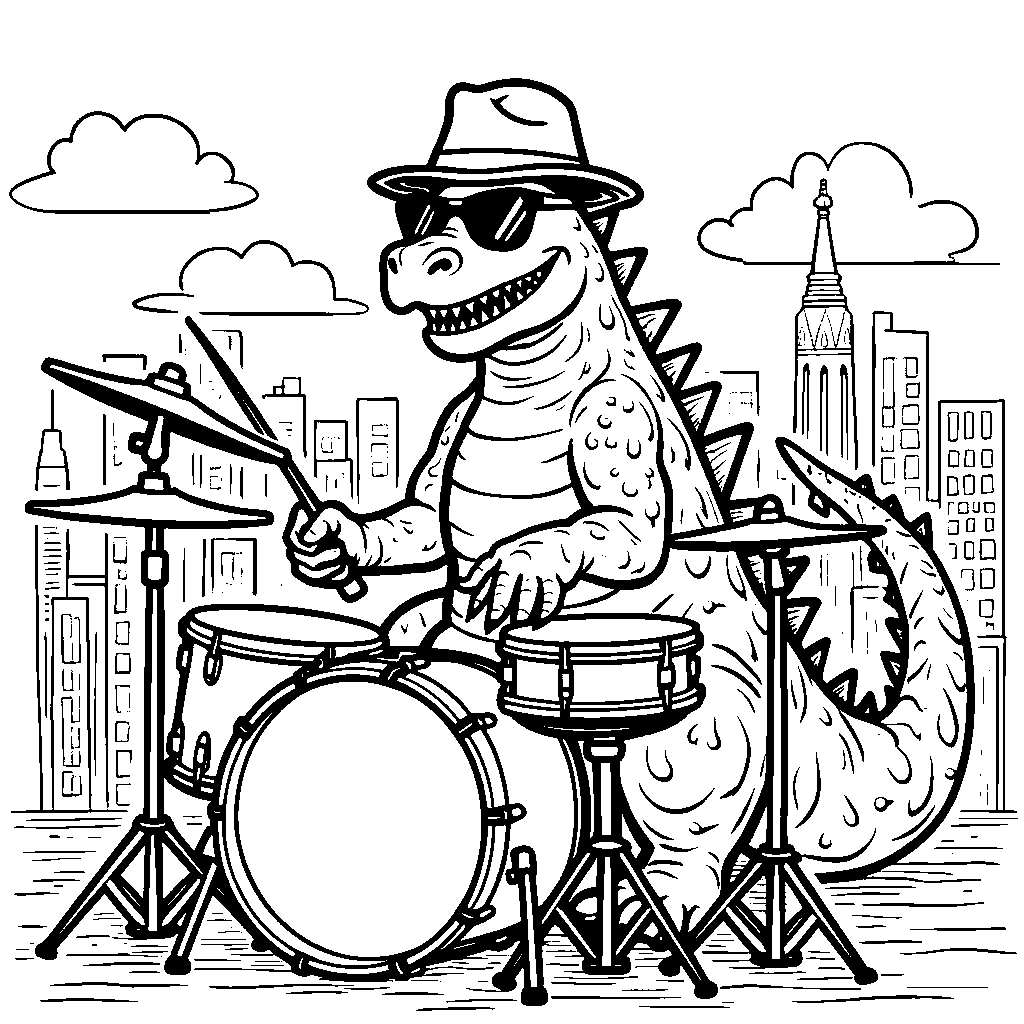 Godzilla playing the drums in a jazz band