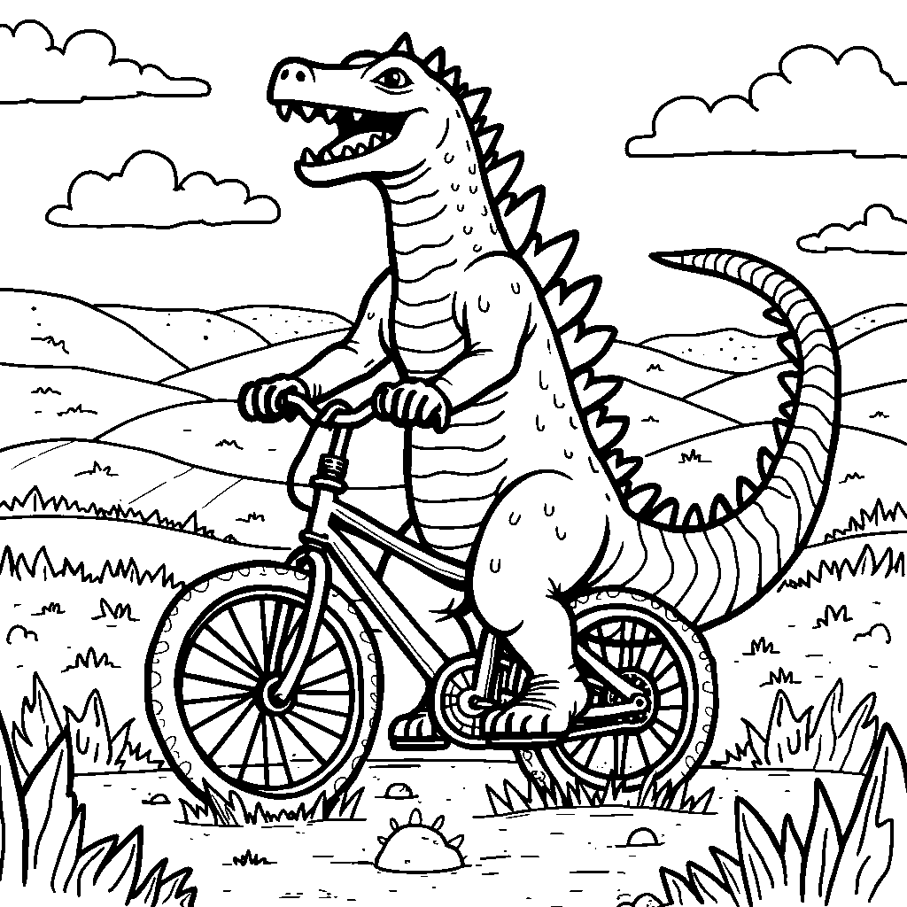 Godzilla riding a bicycle through a sunny countryside