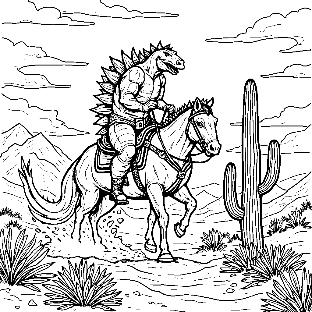 Godzilla riding a horse through the Wild West