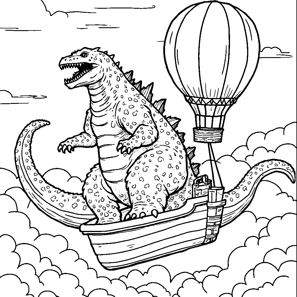 Godzilla riding a hot air balloon above the clouds