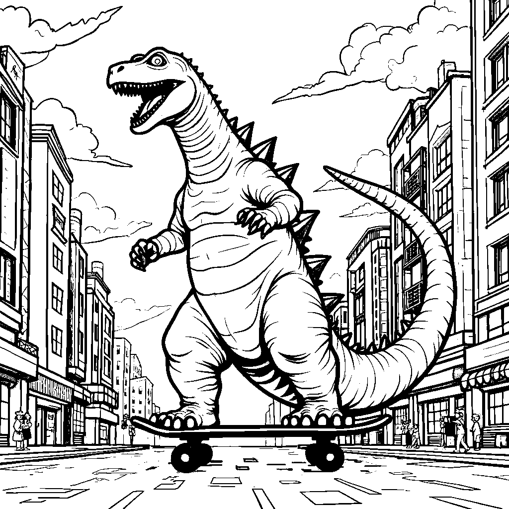 Godzilla riding a skateboard through a Tokyo street