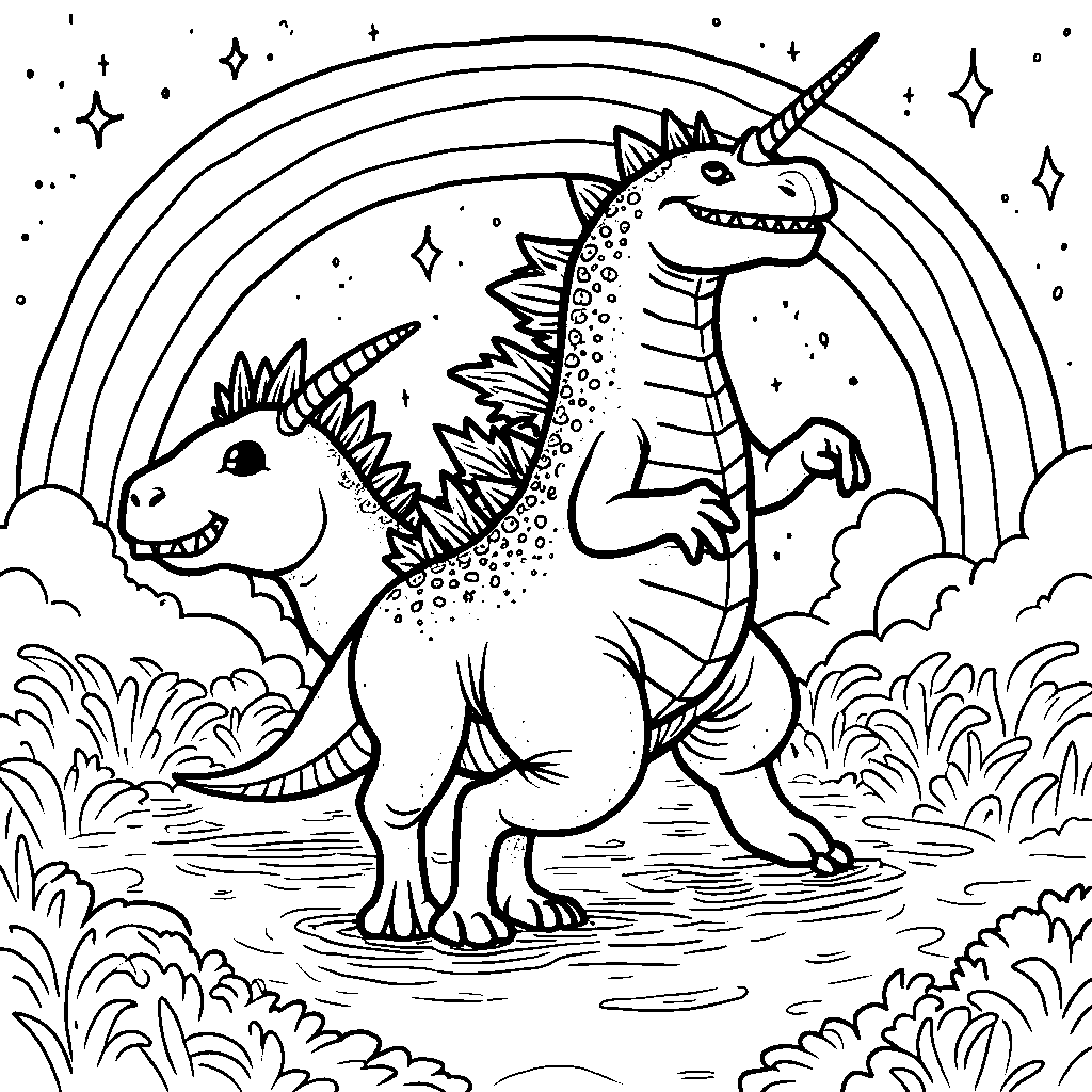 Godzilla riding a unicorn through a rainbow-colored sky