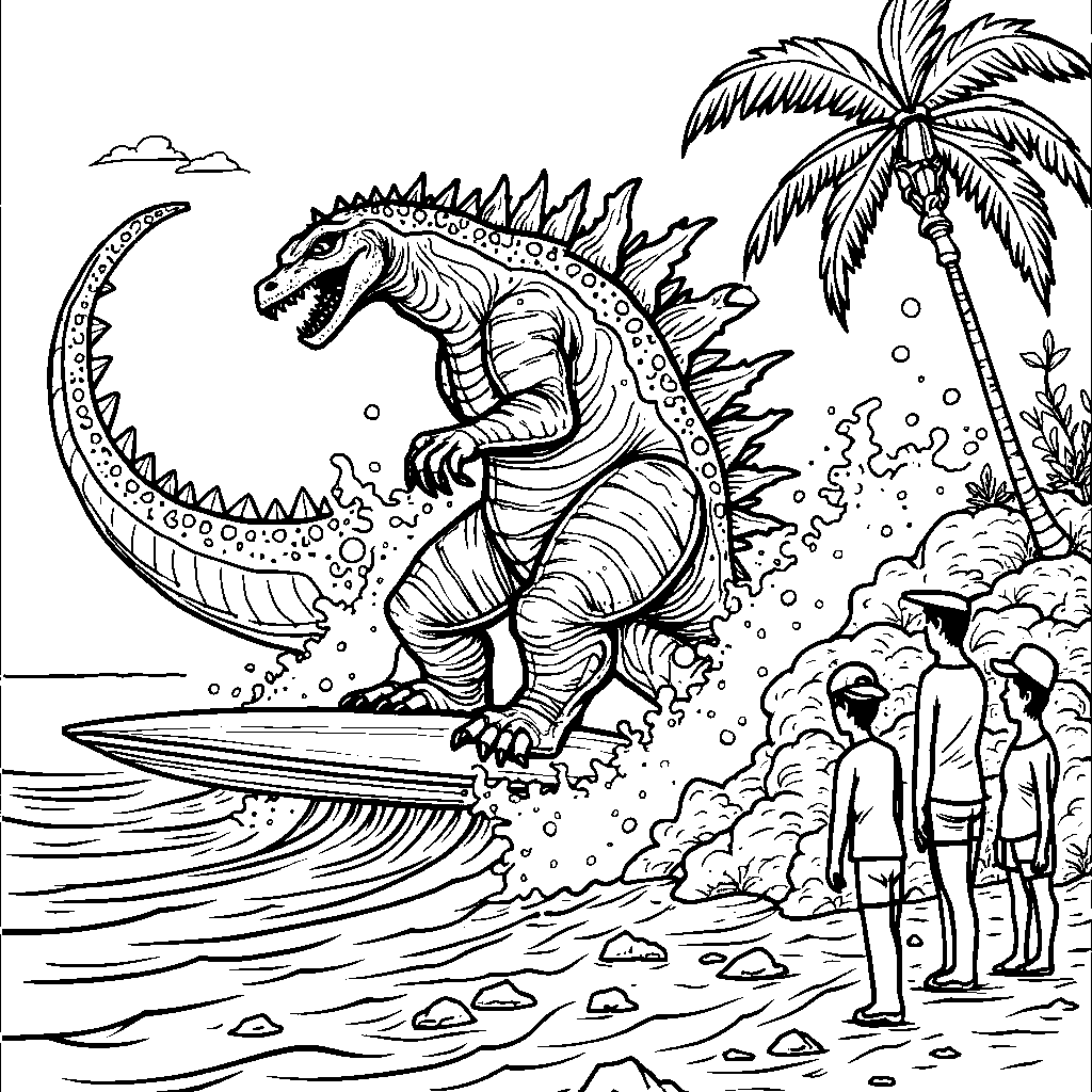 Godzilla standing on a surfboard, riding a wave