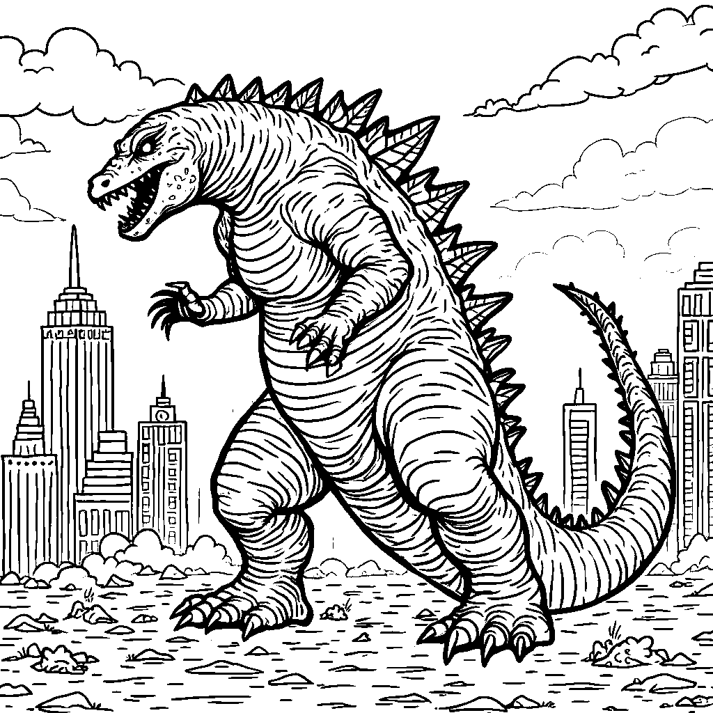 Godzilla stomping through a cityscape with towering skyscrapers