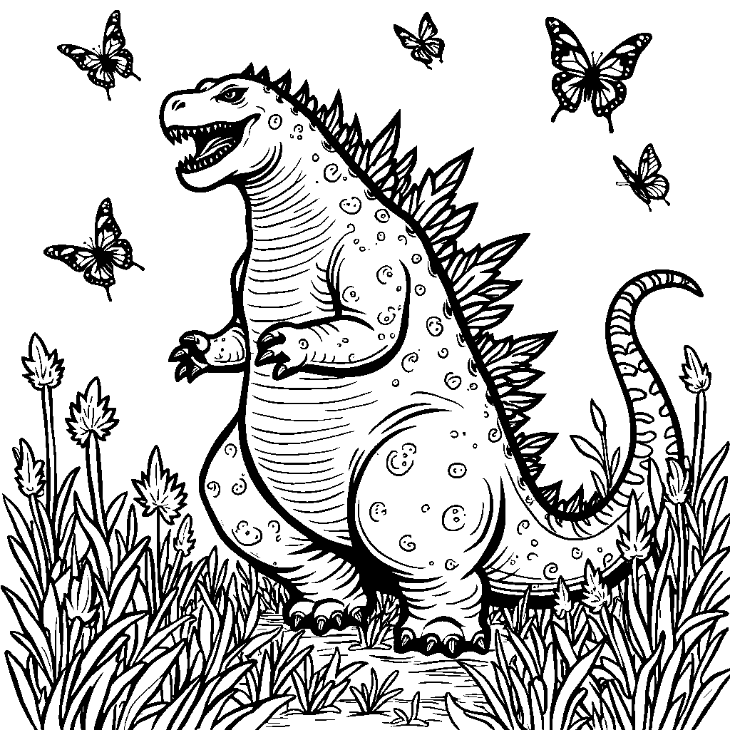 Godzilla surrounded by a swarm of butterflies and flowers